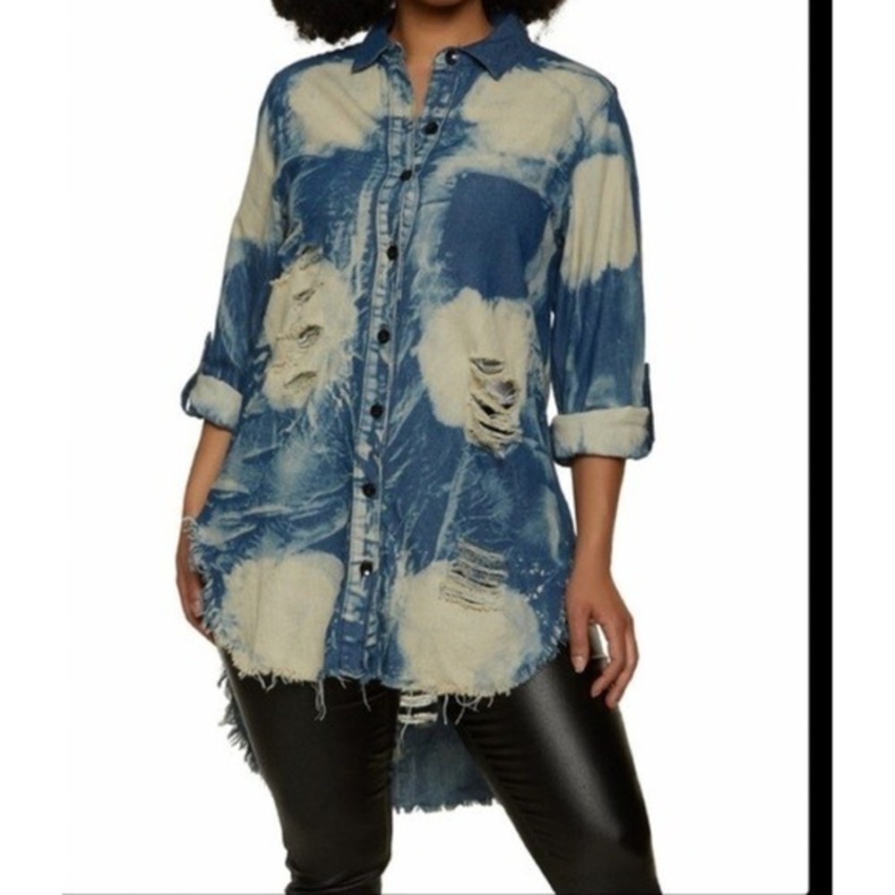 Thrill Jeans Cotton M Distressed High Low Denim Shirt Festival Boho Hippie Y2K
